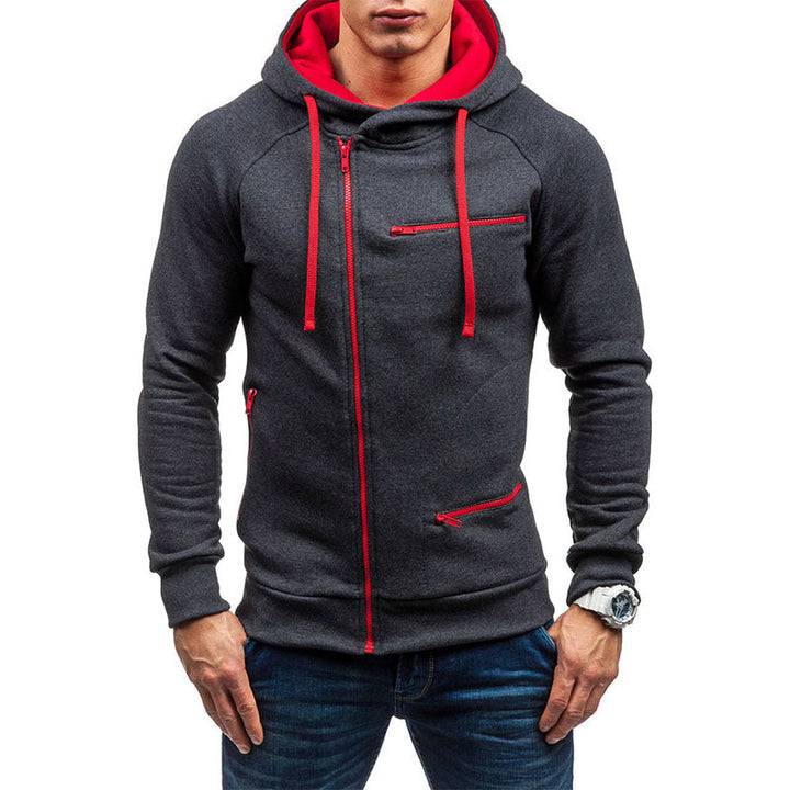 Men's Hooded Jacket with Asymmetrical Zipper and Multiple Zippered Pockets