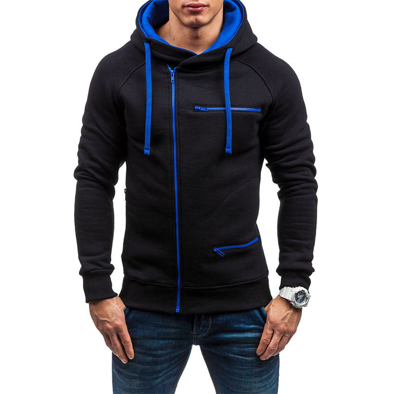 Men's Hooded Jacket with Asymmetrical Zipper and Multiple Zippered Pockets