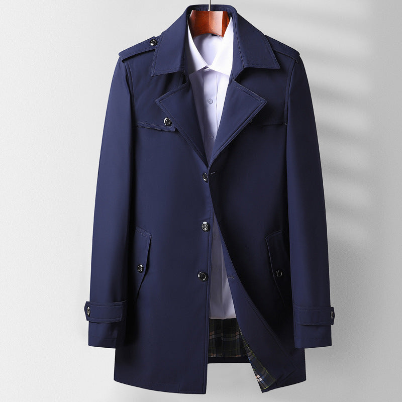 Men's Classic Short Trench Coat with Shirt Collar, Shoulder Epaulettes, and Lined Interior