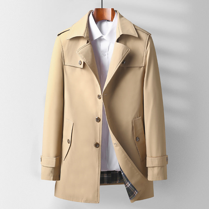 Men's Classic Short Trench Coat with Shirt Collar, Shoulder Epaulettes, and Lined Interior