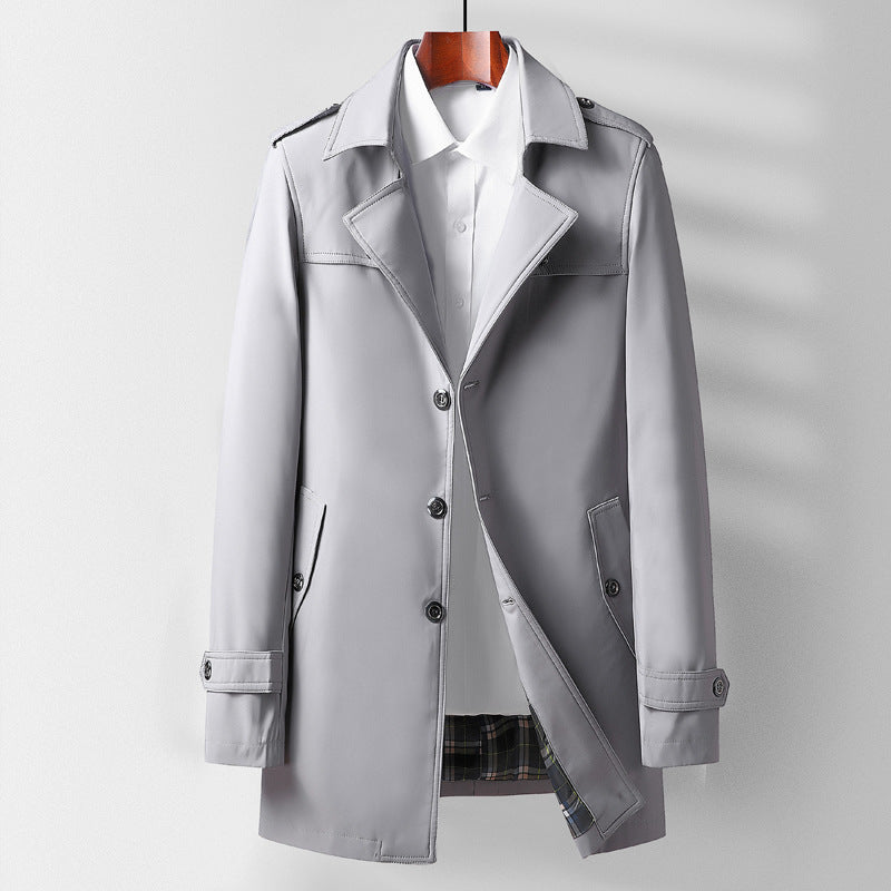 Men's Classic Short Trench Coat with Shirt Collar, Shoulder Epaulettes, and Lined Interior