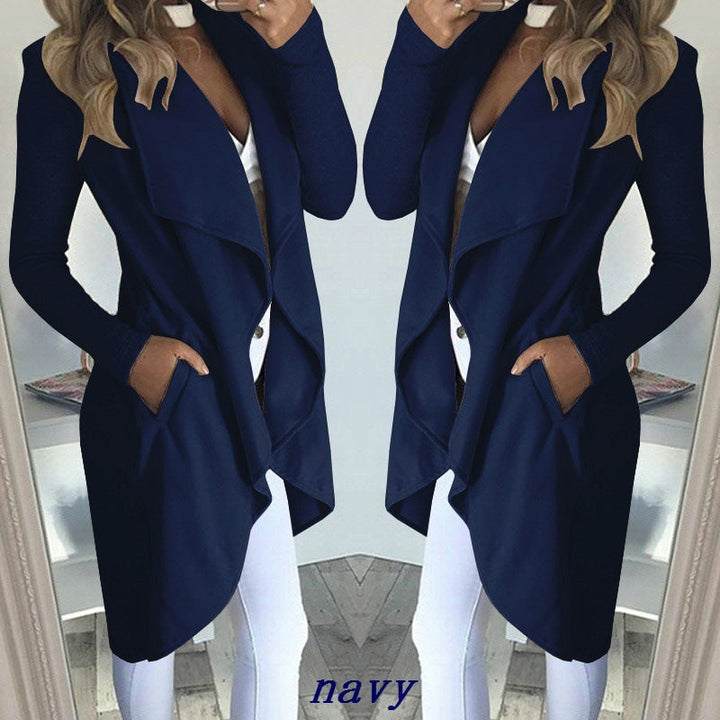 Solid Color Revers Slim Long Windbreaker Jacket