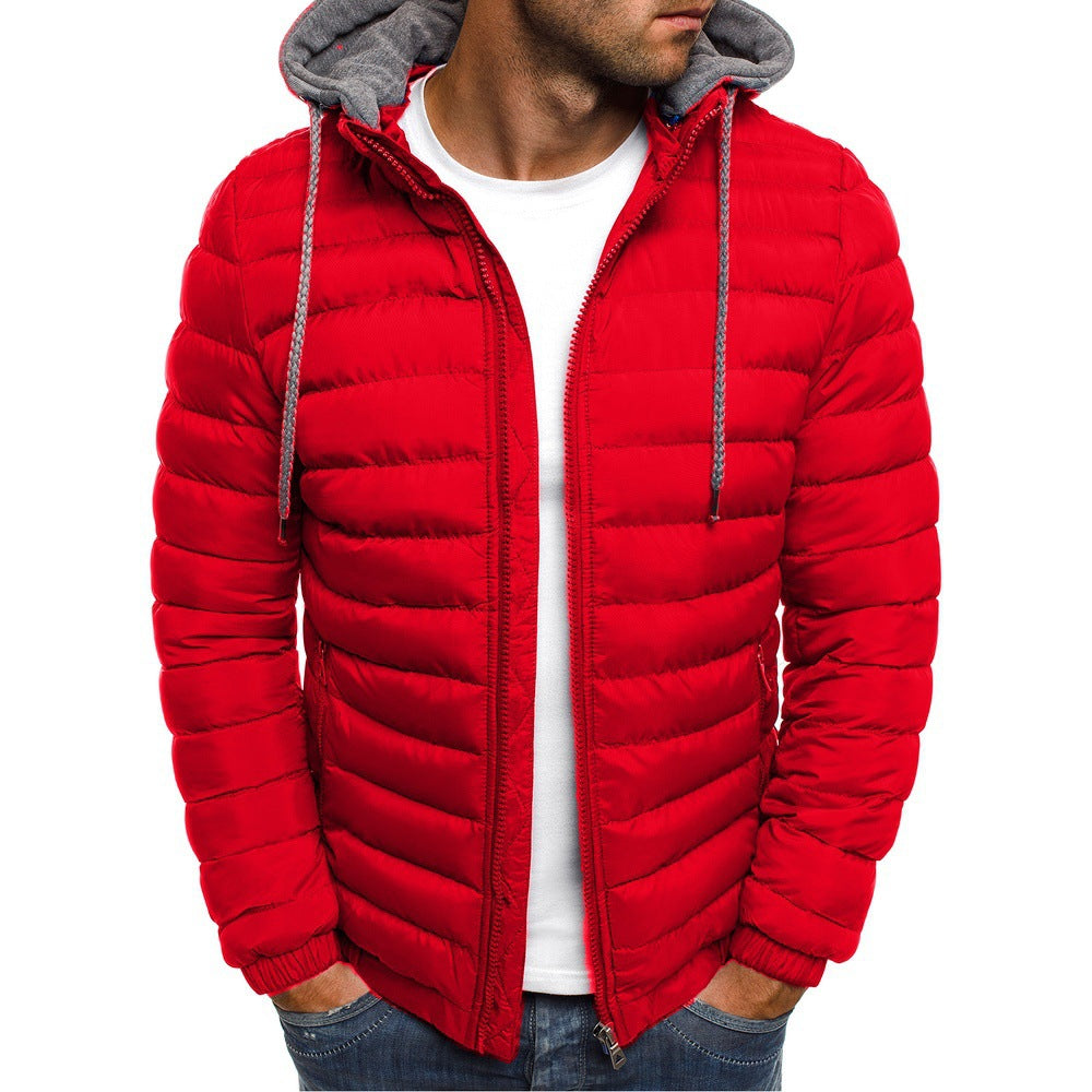 Men's Quilted Hooded Jacket with Insulating Lining and Side Zip Pockets