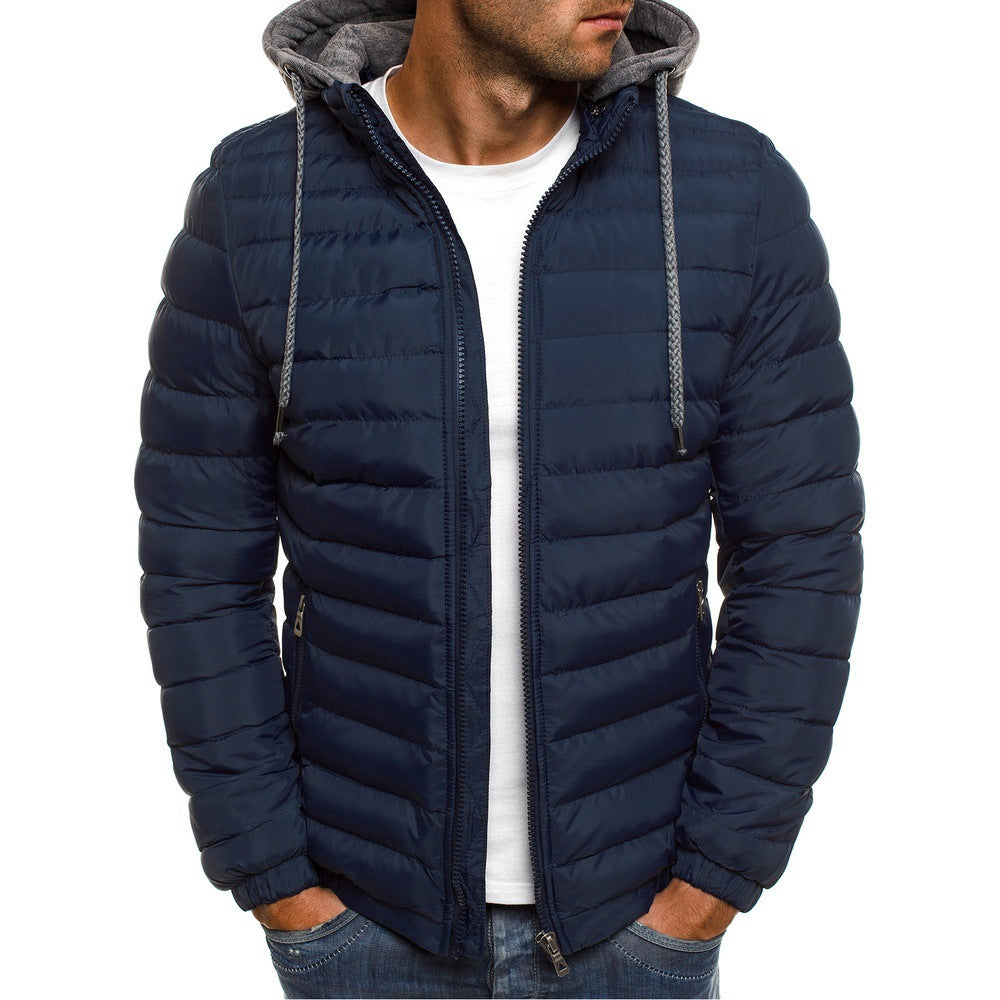 Men's Quilted Hooded Jacket with Insulating Lining and Side Zip Pockets