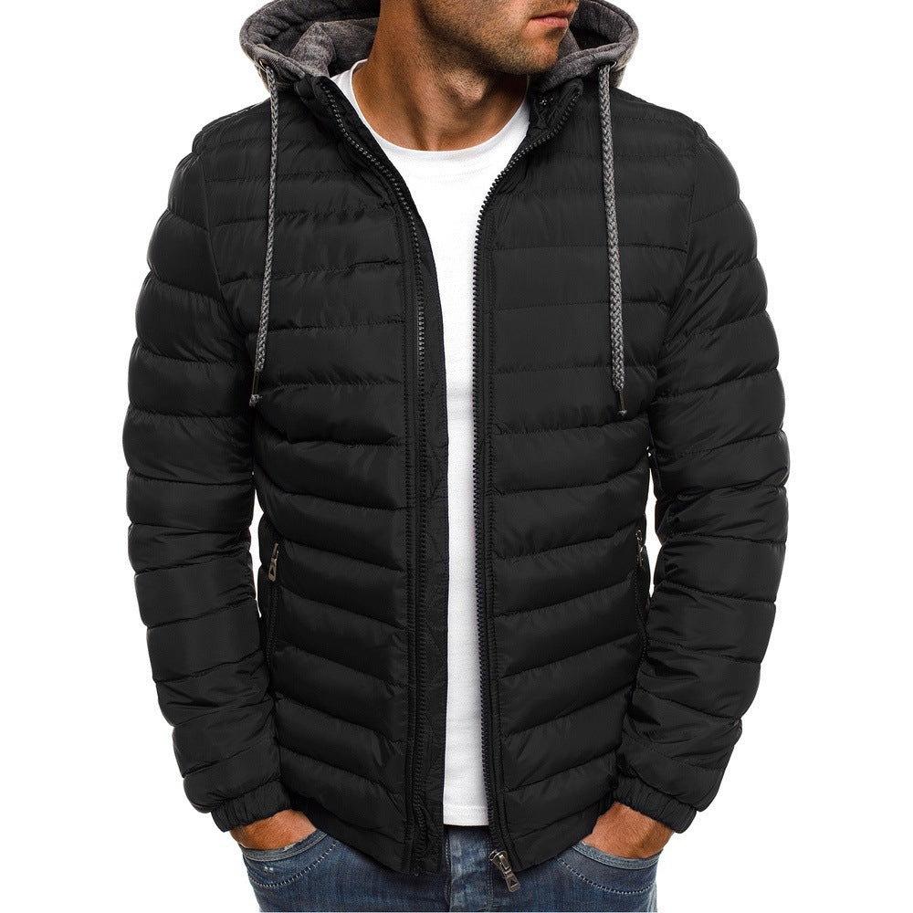 Men's Quilted Hooded Jacket with Insulating Lining and Side Zip Pockets