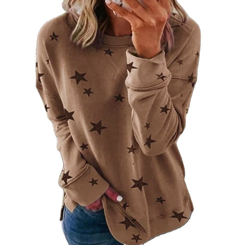 Women's Oversized Star Print Sweatshirt with Round Neck, Extended Back and Side Slits