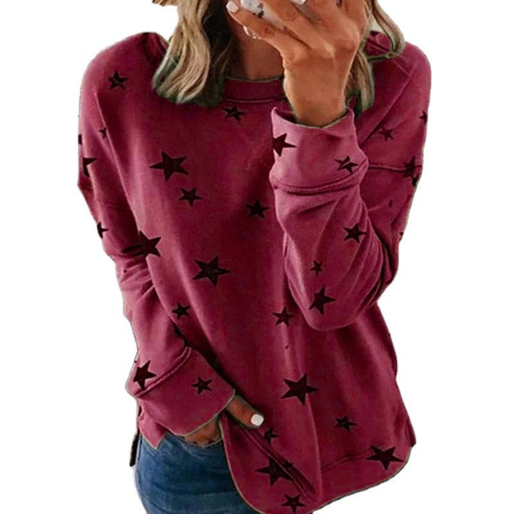 Women's Oversized Star Print Sweatshirt with Round Neck, Extended Back and Side Slits