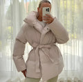 Belted Puffer Jacket Plus Size Collar Winter Coat