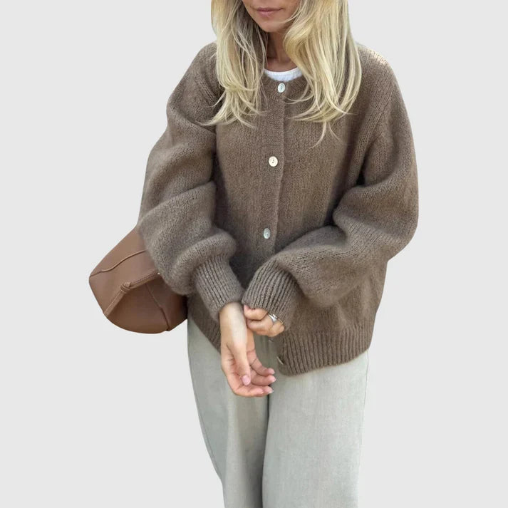 Women's Cashmere Cardigan with Round Neck and Button Closure