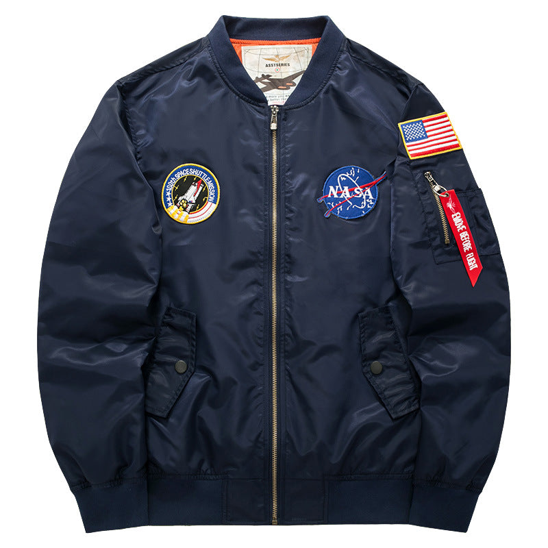 Men's Mission-patch Zip-up Pilot Jacket with Sleeve Utility Pocket