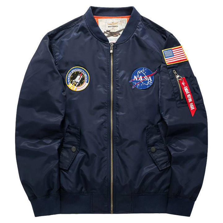 Men's Mission-patch Zip-up Pilot Jacket with Sleeve Utility Pocket