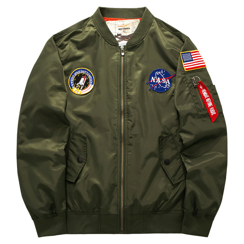 Men's Mission-patch Zip-up Pilot Jacket with Sleeve Utility Pocket