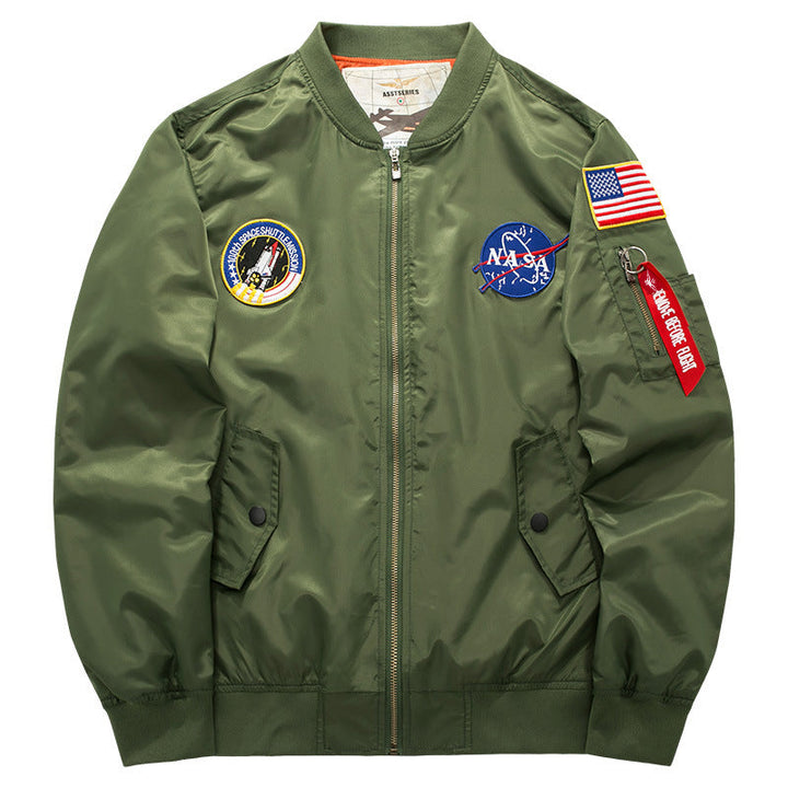 Men's Mission-patch Zip-up Pilot Jacket with Sleeve Utility Pocket