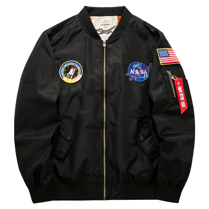 Men's Mission-patch Zip-up Pilot Jacket with Sleeve Utility Pocket