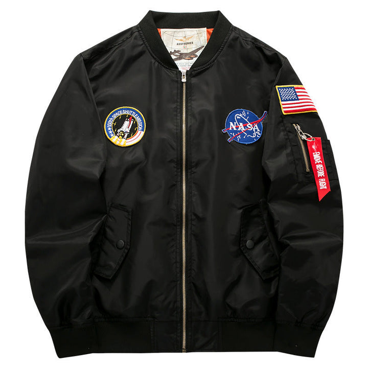Men's Mission-patch Zip-up Pilot Jacket with Sleeve Utility Pocket
