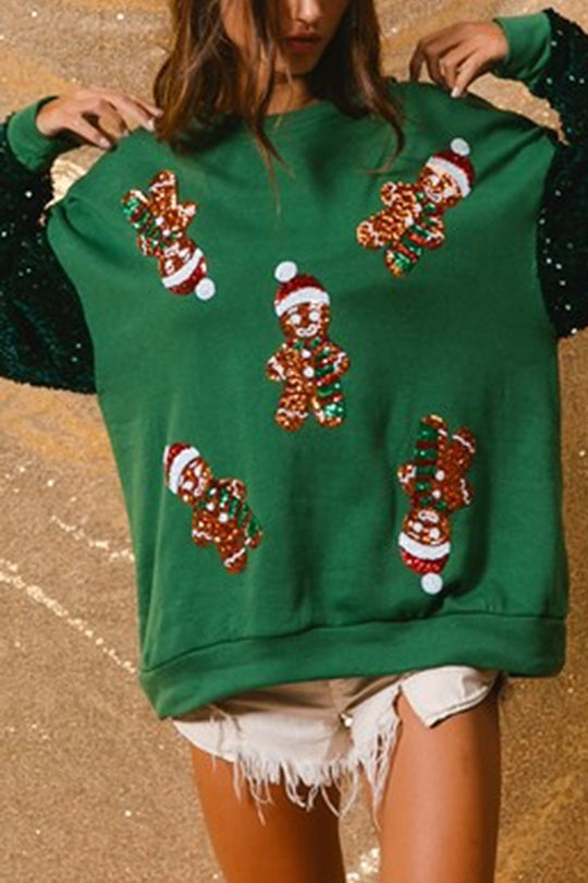 Christmas Casual Loose Round Neck Sequin Sleeve Sweatshirt