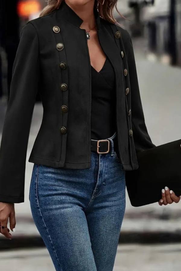 Collar Open Front Button Decor Jacket