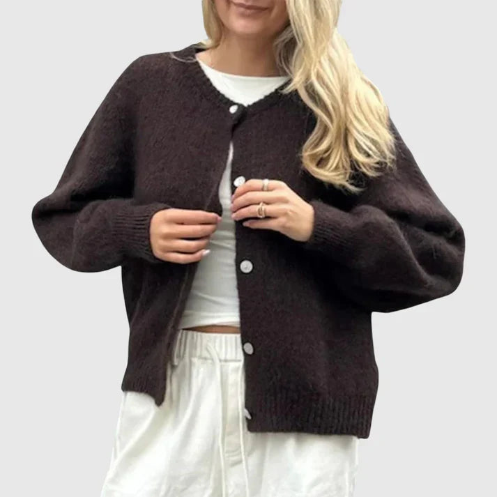 Women's Cashmere Cardigan with Round Neck and Button Closure