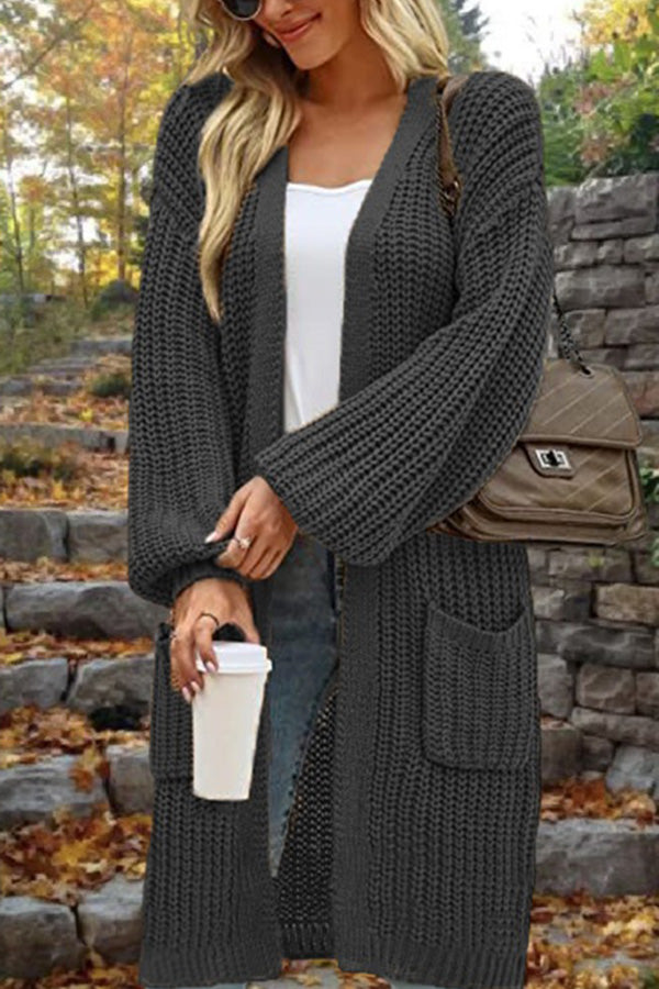 Length Loose Oversized Double Pocket Cardigan Sweater Jacket