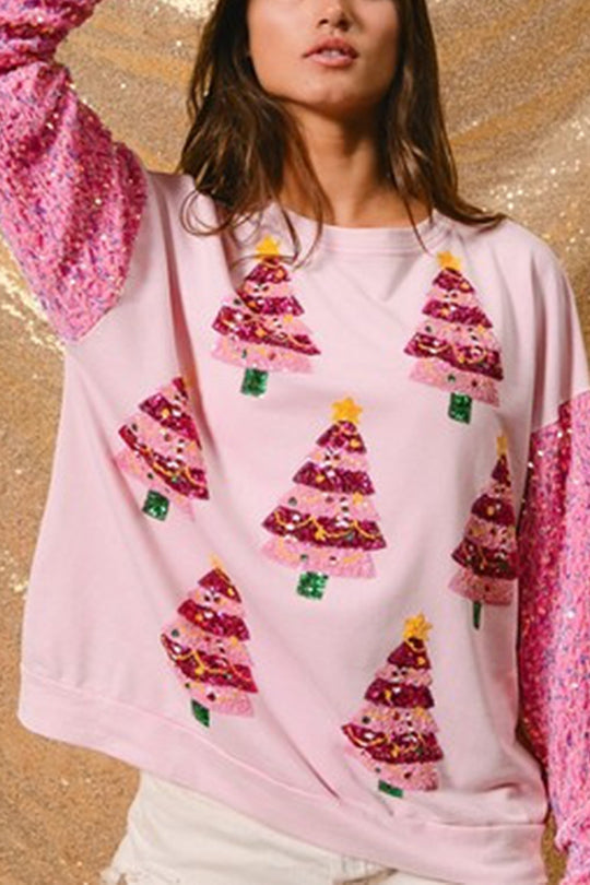 Christmas Casual Loose Round Neck Sequin Sleeve Sweatshirt