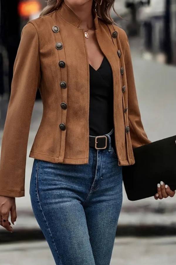 Collar Open Front Button Decor Jacket