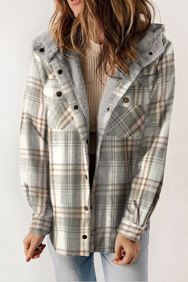 Button Sherpa Lined Hooded Flannel Jacket