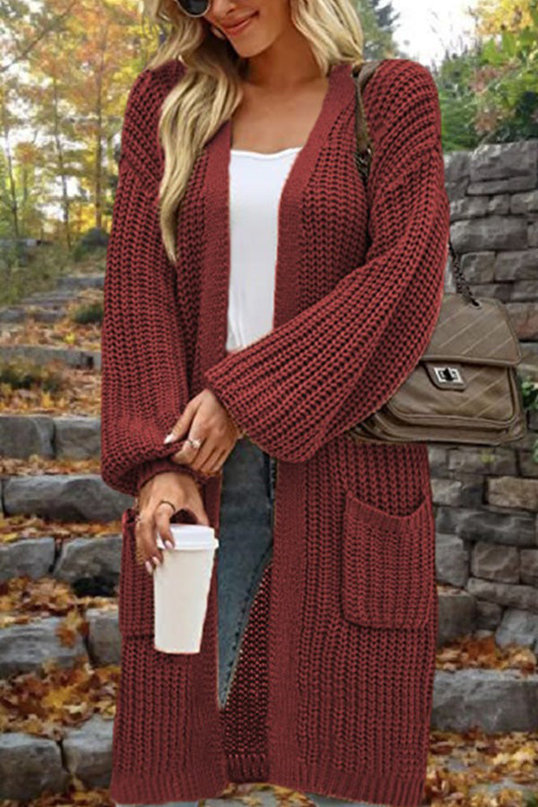 Length Loose Oversized Double Pocket Cardigan Sweater Jacket