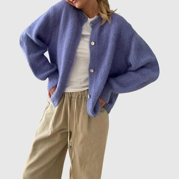 Women's Cashmere Cardigan with Round Neck and Button Closure
