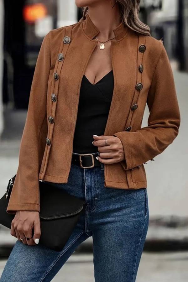 Collar Open Front Button Decor Jacket