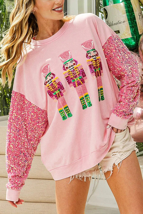 Christmas Casual Loose Round Neck Sequin Sleeve Sweatshirt