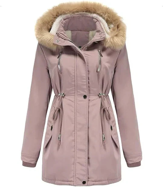 Longer Coat with Hood made of Faux Fur and Fleece Lining