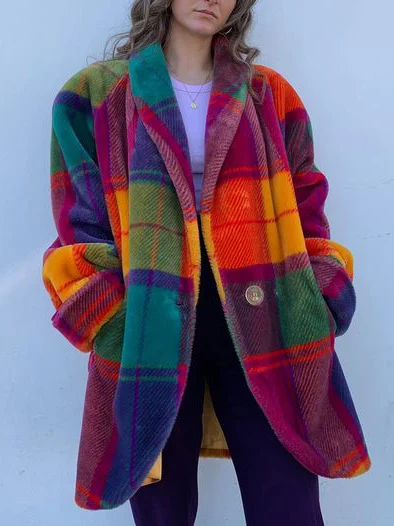 Coat - Oversized Checked Coat with Colorful Design for Women