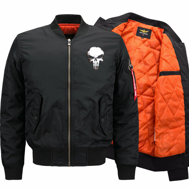 Men's Skull-graphic Insulated Quilt-lined Bomber Jacket with Ribbed Trims