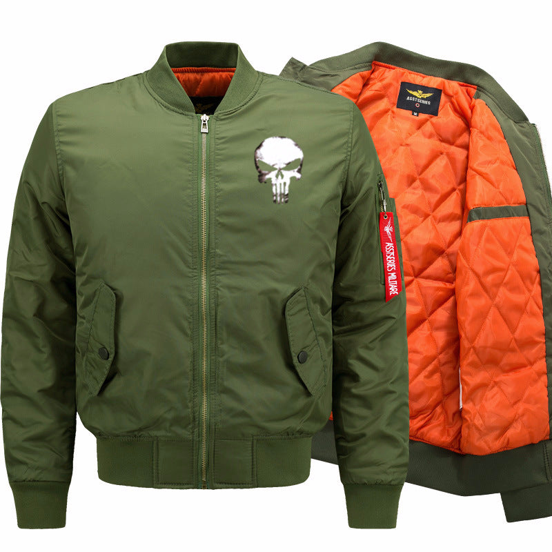 Men's Skull-graphic Insulated Quilt-lined Bomber Jacket with Ribbed Trims