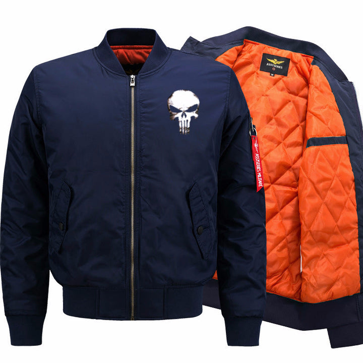Men's Skull-graphic Insulated Quilt-lined Bomber Jacket with Ribbed Trims