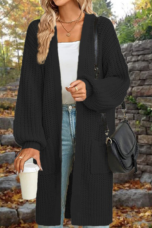 Length Loose Oversized Double Pocket Cardigan Sweater Jacket