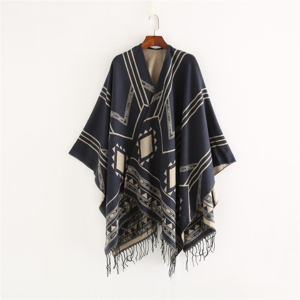 Unisex Ethno-Poncho made of Soft Knit with Fringes and Geometric Pattern