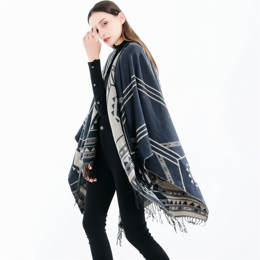 Unisex Ethno-Poncho made of Soft Knit with Fringes and Geometric Pattern
