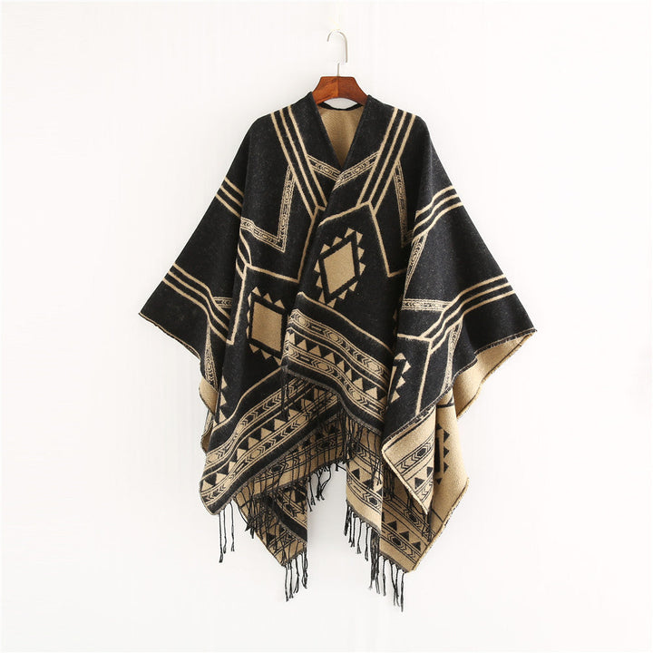 Unisex Ethno-Poncho made of Soft Knit with Fringes and Geometric Pattern