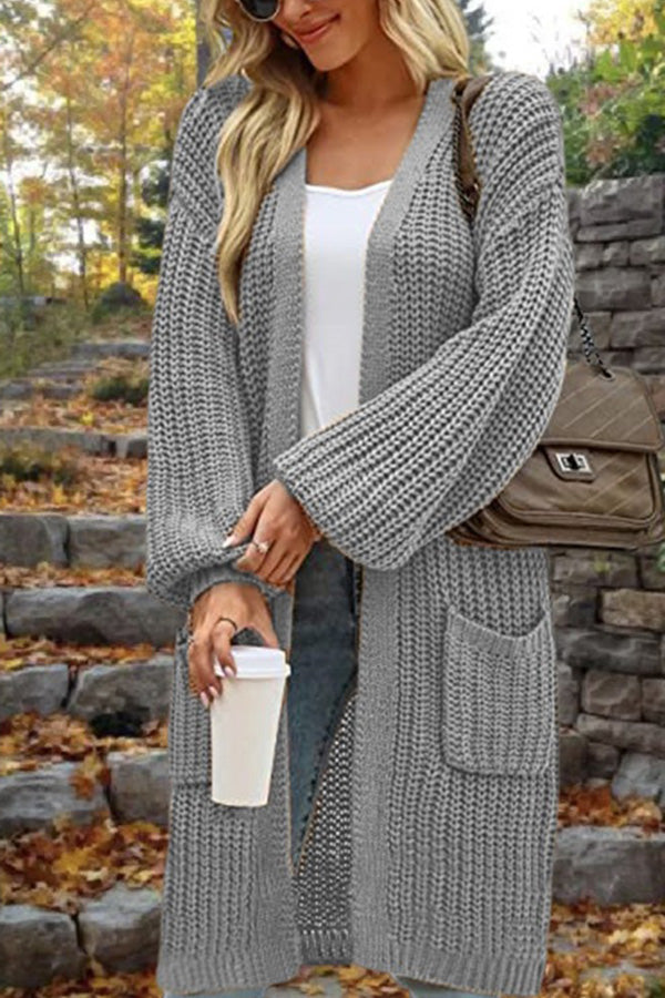 Length Loose Oversized Double Pocket Cardigan Sweater Jacket