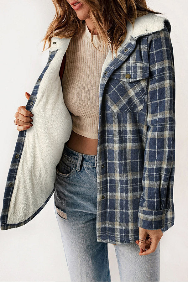 Button Sherpa Lined Hooded Flannel Jacket