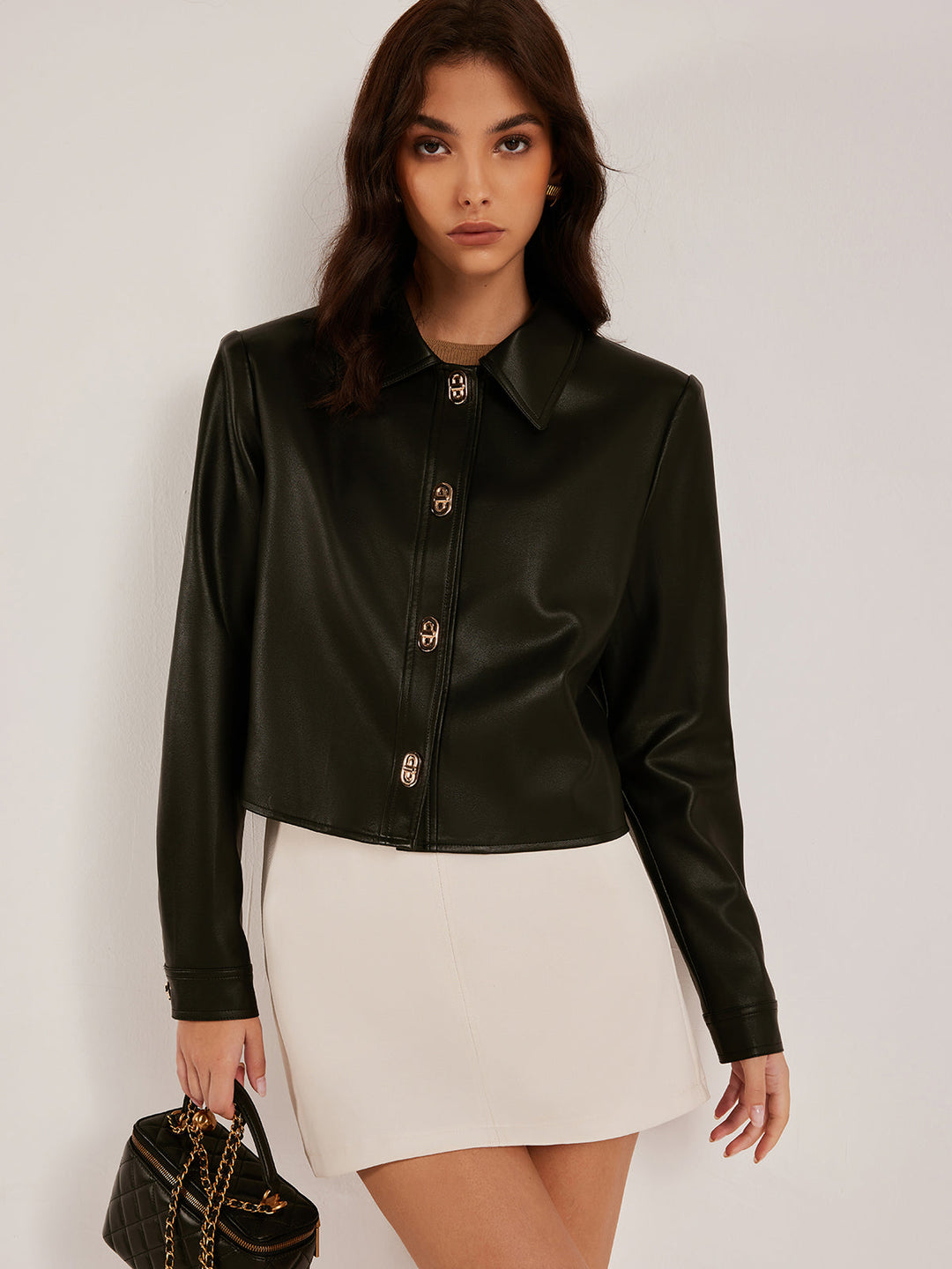 Button Pu Leather Short Jacket