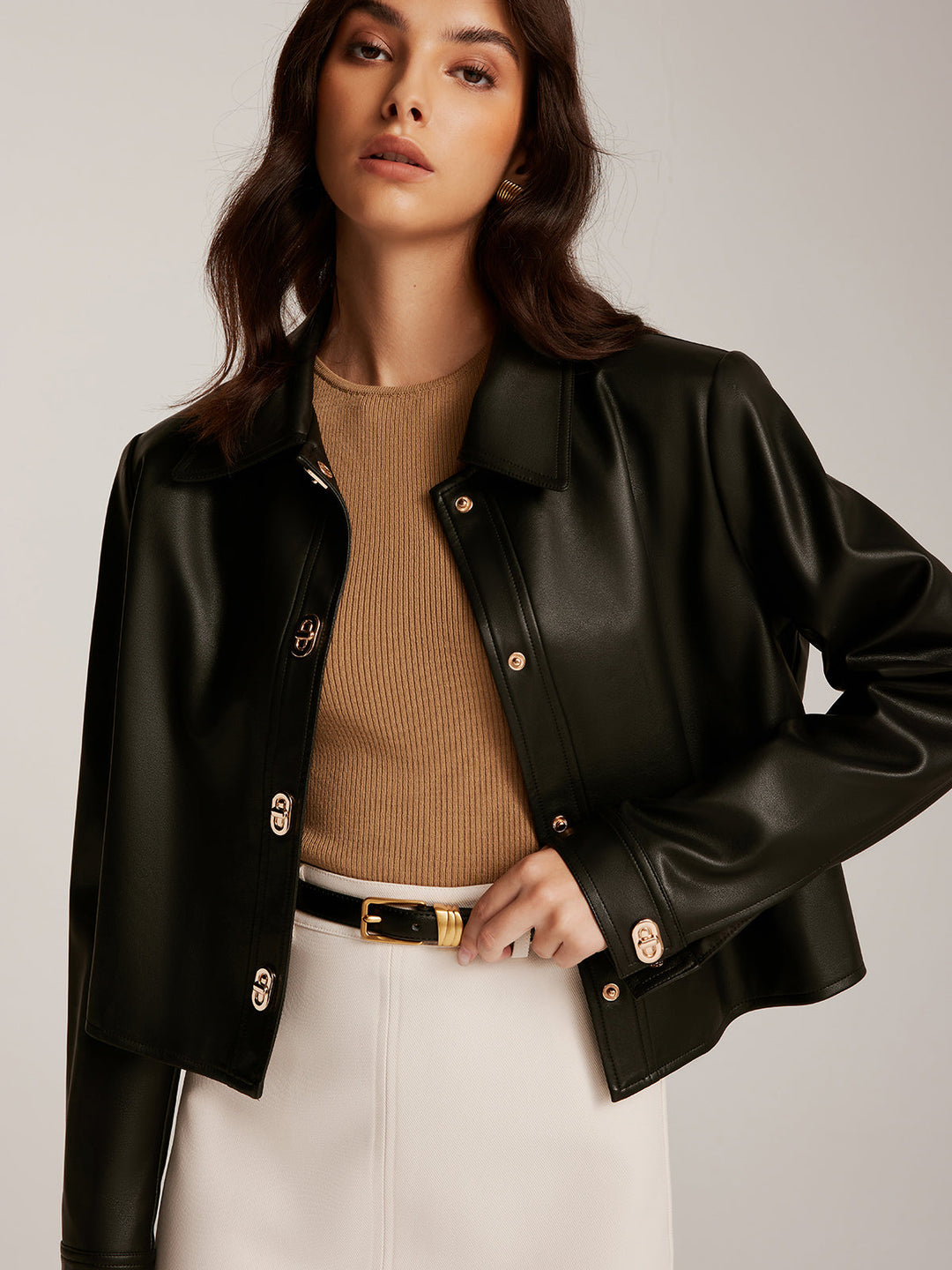 Button Pu Leather Short Jacket