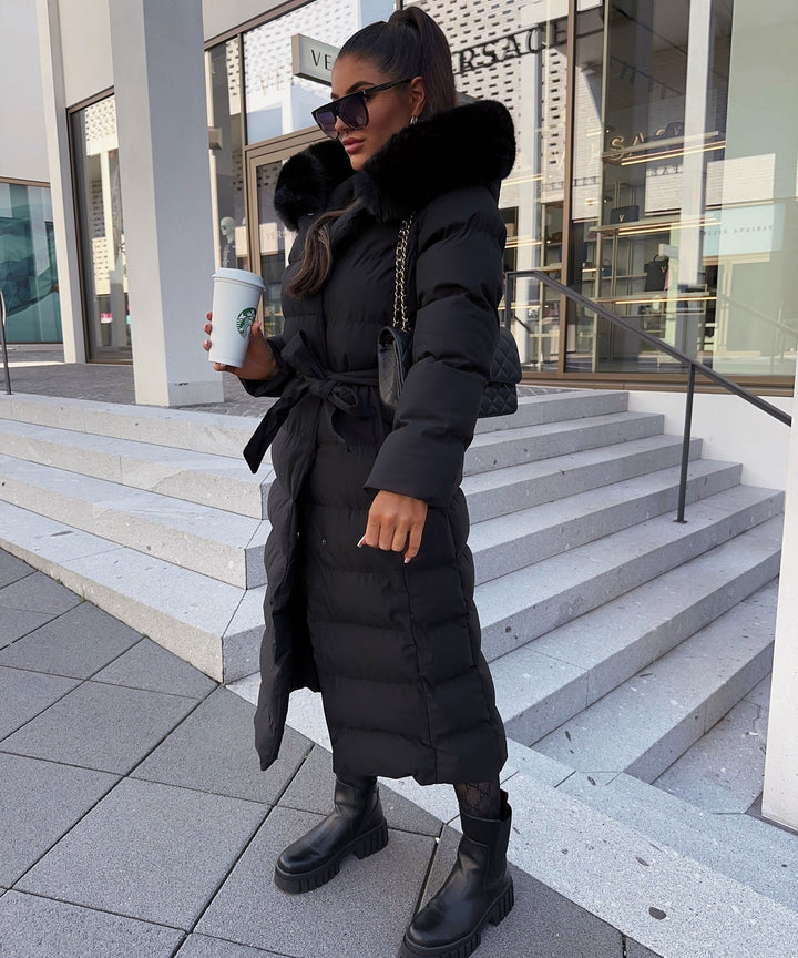 Women's Long Quilted Winter Parka with Hood and Belt
