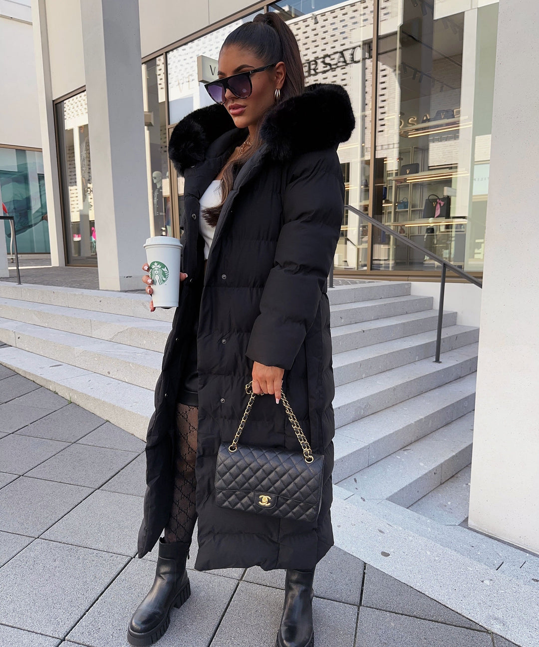 Women's Long Quilted Winter Parka with Hood and Belt