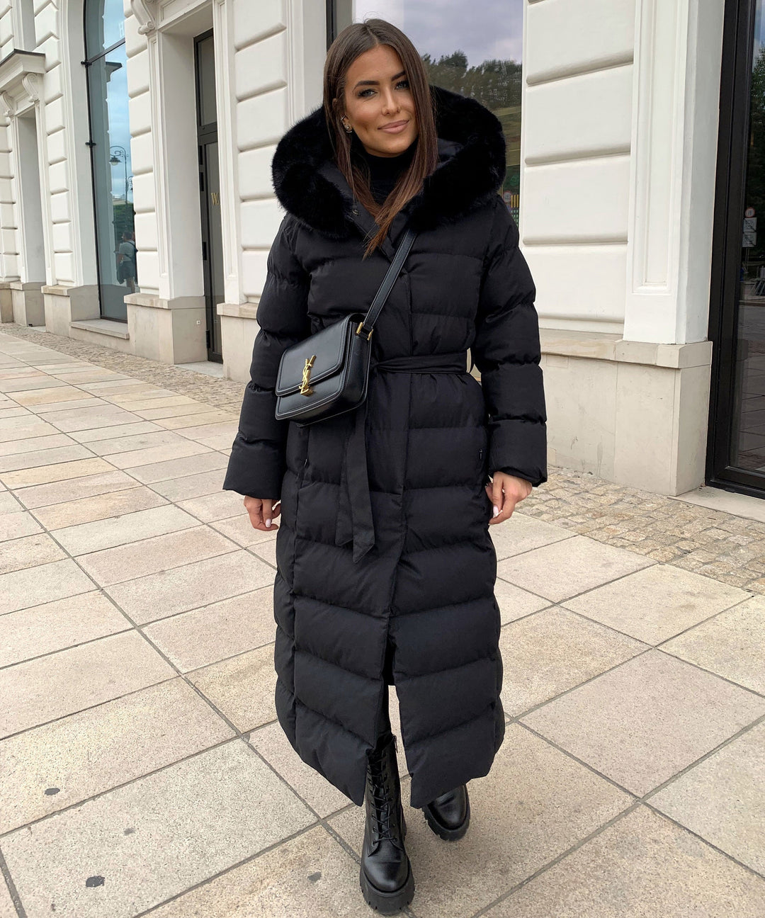 Women's Long Quilted Winter Parka with Hood and Belt