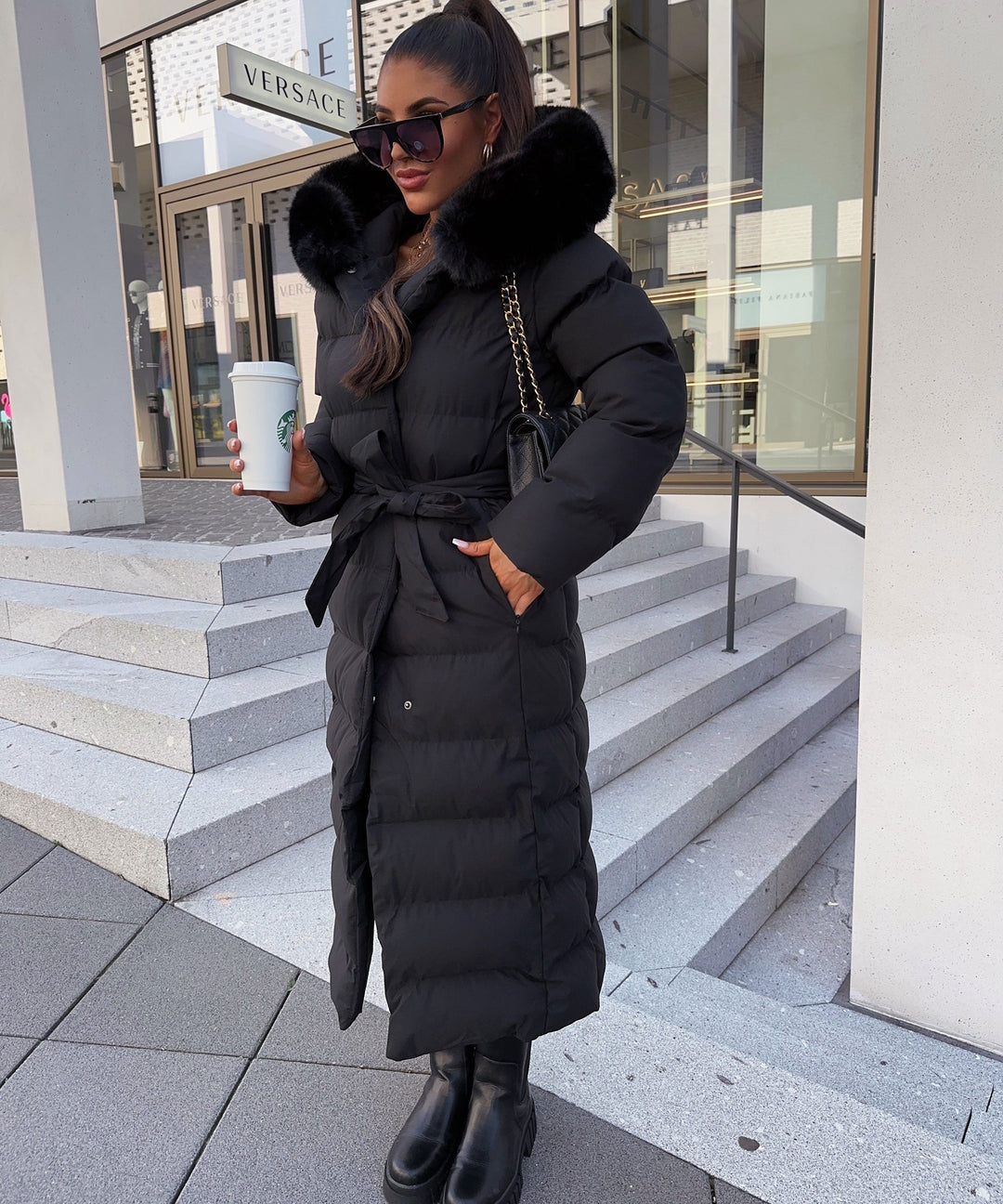 Women's Long Quilted Winter Parka with Hood and Belt