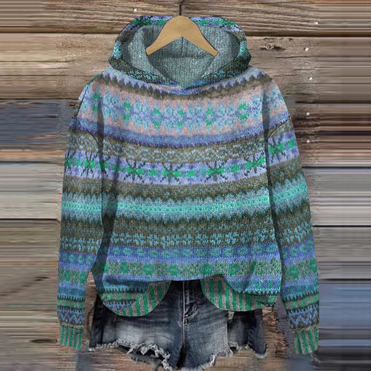Hoodie with Norwegian Pattern - Knit Sweater with Hood