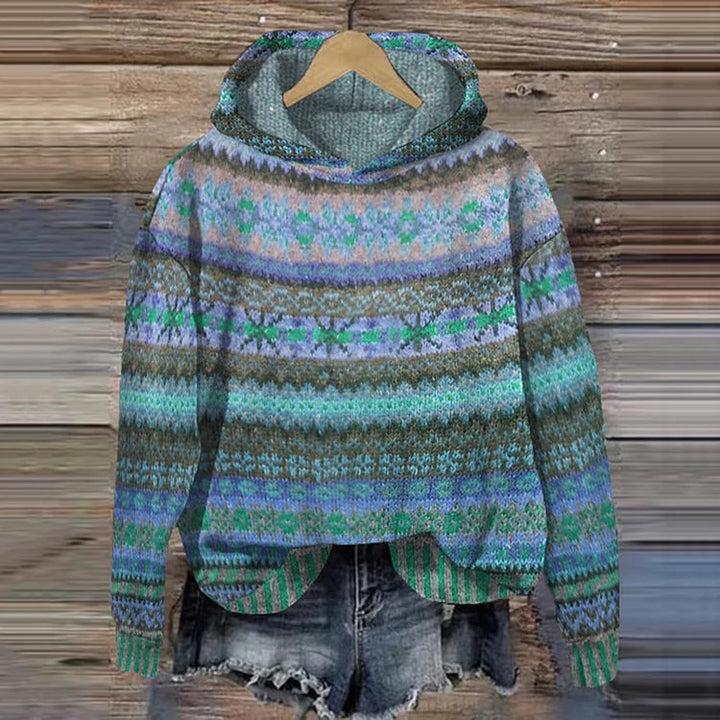 Hoodie with Norwegian Pattern - Knit Sweater with Hood
