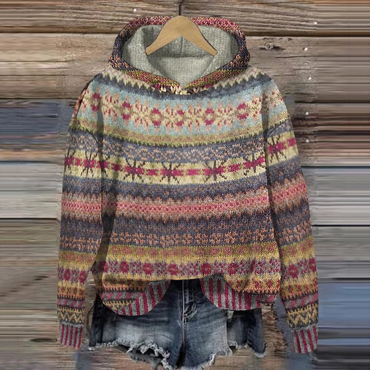 Hoodie with Norwegian Pattern - Knit Sweater with Hood